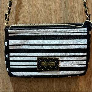 Betsey Johnson Crossbody Bag Wallet Purse Black Striped Pink Floral Betsey